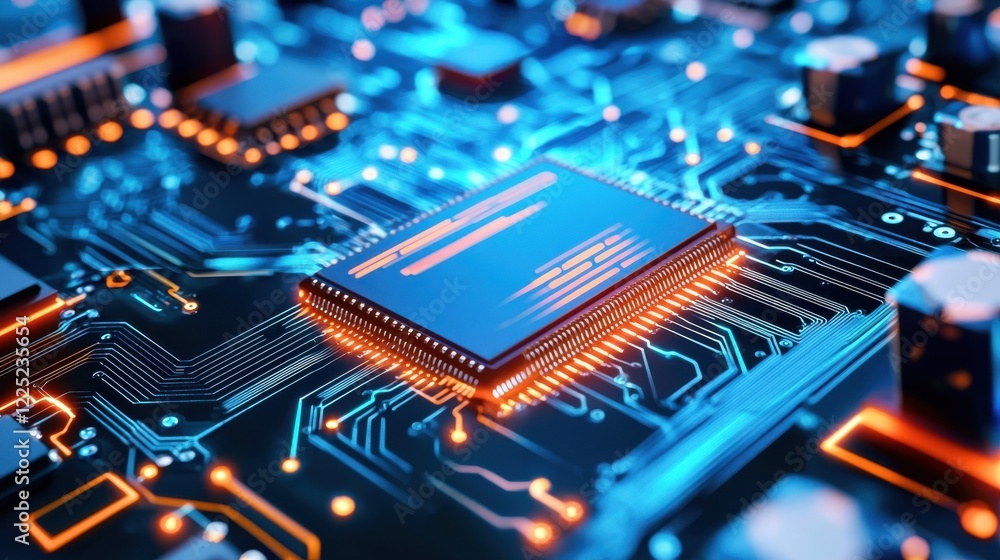Poster vibrant microchip circuit board with glowing electronics and futuristic connectivity