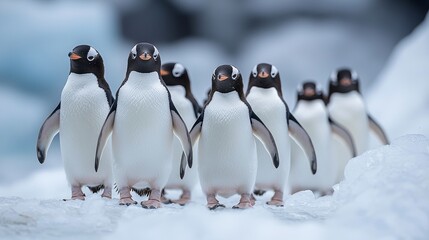 Group of adorable Gentoo penguins waddling closely together on icy terrain in a breathtaking Arctic landscape