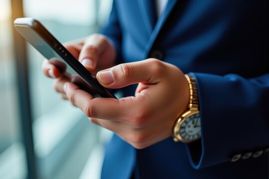 A businessman in a tailored suit checks his smartphone while standing by a large window in a modern office, showcasing a blend of technology and professionalism.