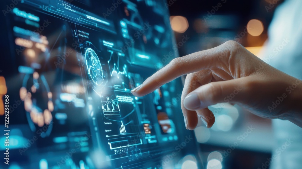 Aufkleber finger touching futuristic digital interface with holographic data and analytics
