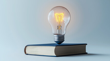 Glowing light bulb levitates above closed book, concept knowledge and education