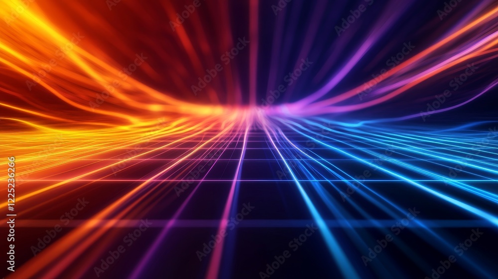 Poster vibrant abstract light trails create a dynamic sense of motion across a digital grid background