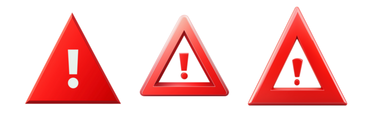 Set of A 3D red triangle icon with an exclamation mark on Transparent PNG format background.