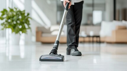 Fototapeta premium Person vacuuming modern apartment floor