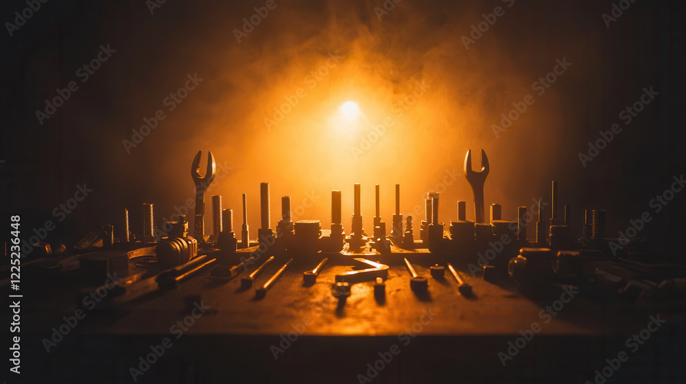 Poster collection of car engine tuning tools illuminated by warm backlight, creating dramatic atmosphere