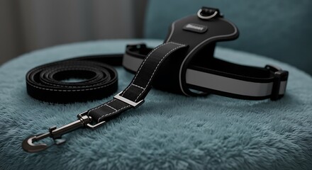 Obraz premium Stylish black nylon dog harness and leash. Durable adjustable reflective pet supplies.