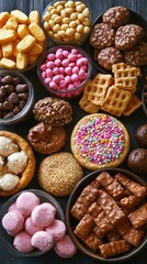 Fototapeta premium Assorted Sweet Treats Collection Featuring Cookies Waffles Chocolate And Colorful Candies