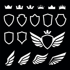 Crown shields and wings elements set. Simple logo design vector element collection.