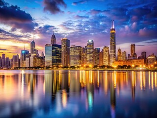 Obraz premium Stunning aerial Chicago: Lake Michigan's expanse meets dazzling downtown lights at night.