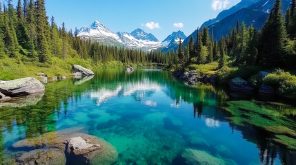 A stunning mountain lake with turquoise water, surrounded by snow-capped peaks and evergreen forests, reflecting a clear blue sky