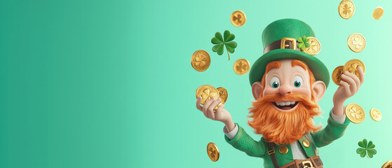 Fototapeta premium Happy Leprechaun Celebrating with Gold Coins and Clover Leaves