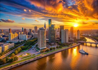 Fototapeta premium Stunning Buenos Aires sunset: a hyperlapse aerial view of Puerto Madero's vibrant waterfront.