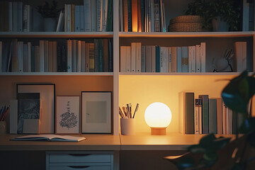 Cozy home office with warm lighting, bookshelves filled with books, and a stylish desk setup