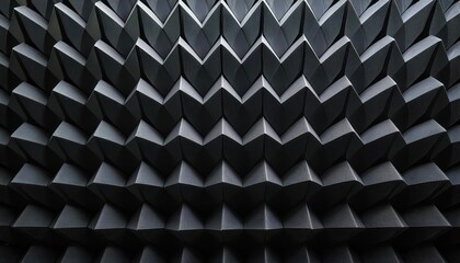 HighDefinition 3D Rendering of Black Pyramid Cubes and Soundproofing Materials Set Against a Minimalist Backdrop, Demonstrating Modern Architectural Design and Acoustic Solutions