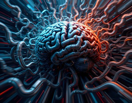 Here is the image based on your description, showcasing a dynamic and visually intense maze resembling a brain. Let me know if you'd like any adjustments or further refinements