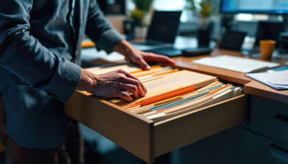 Office Worker Searching for Documents in Filing Cabinet
