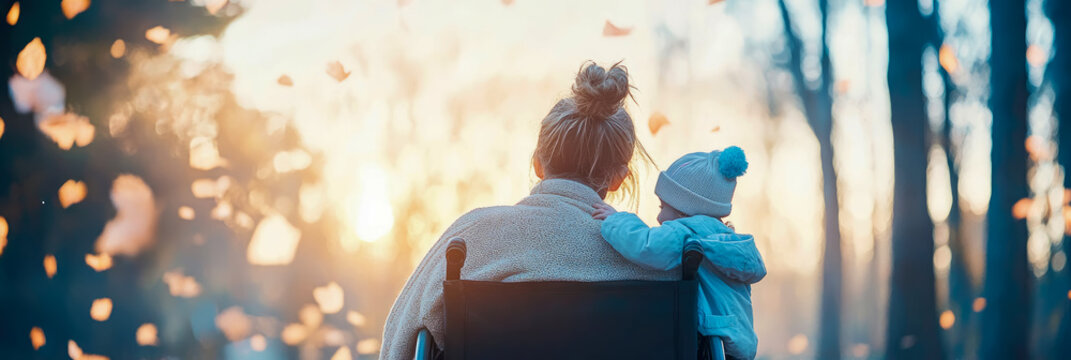 Mother and Child at Sunset in Autumn Park: A heartwarming scene of maternal love and resilience.