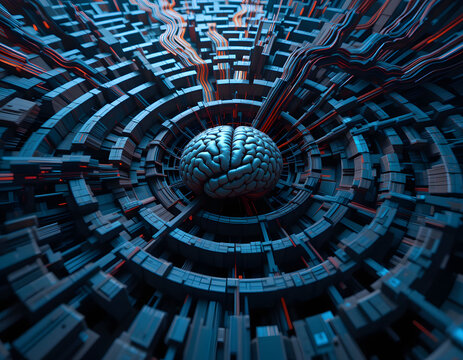 Here is the image based on your description, showcasing a dynamic and visually intense maze resembling a brain. Let me know if you'd like any adjustments or further refinements