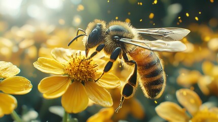 Fototapeta premium In a sunny garden, a diligent bee lands gracefully on a bright yellow flower, collecting nectar as golden pollen dances around, highlighting nature's beauty and harmony
