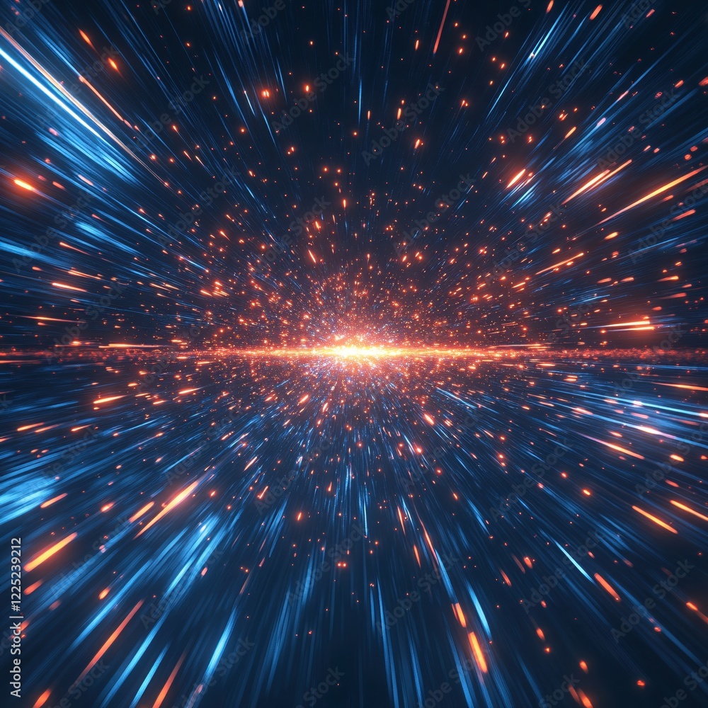 Poster abstract light speed with blue and orange lines and particles creating a dynamic effect