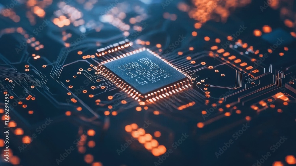 Poster close up circuit board with microchips and digital technology patterns