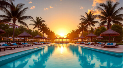 Fototapeta premium Tropical Resort Pool at Sunset with Palm Trees and Lounge Chairs