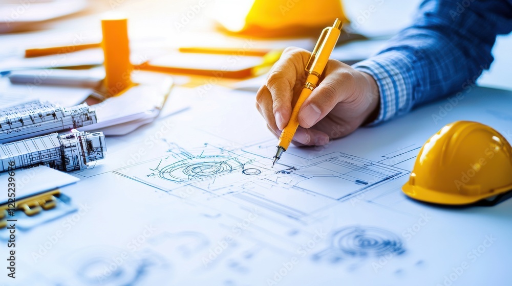 Poster engineering workspace with architectural blueprint and design tools on desk