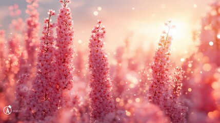 Pink Blossom Field at Sunrise Soft Light Delicate Flowers Pastel Colors Nature Background