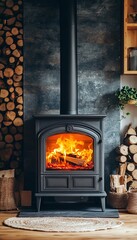 Cozy Cabin Retreat A Cast Iron Wood Burning Stove with Flickering Flames on Round Woven Jute Rug.