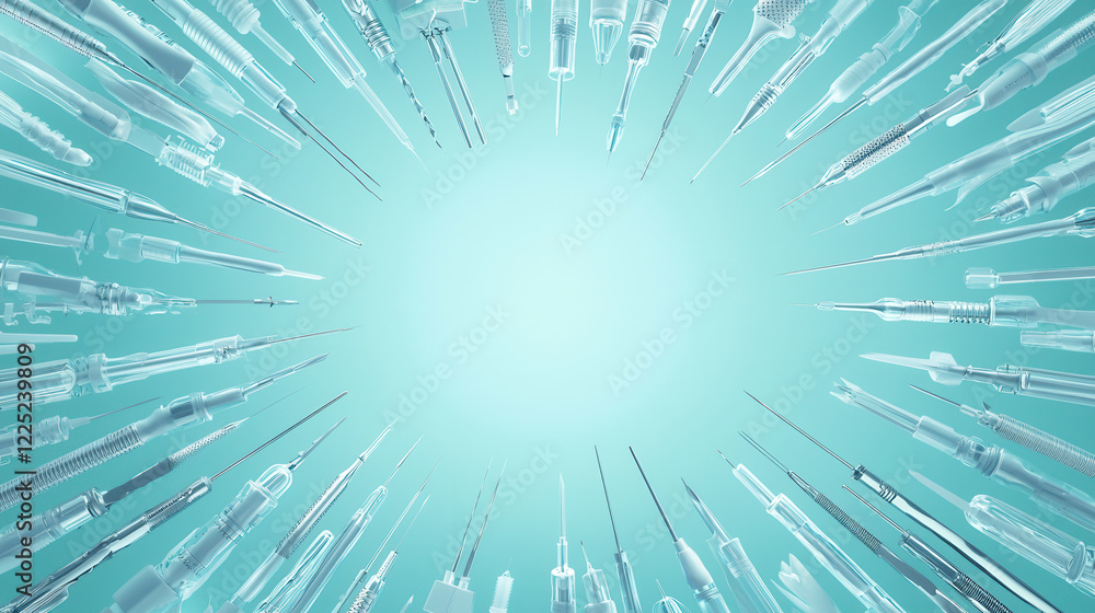Poster collection of medical sterilization tools arranged in circular pattern, showcasing various instrumen