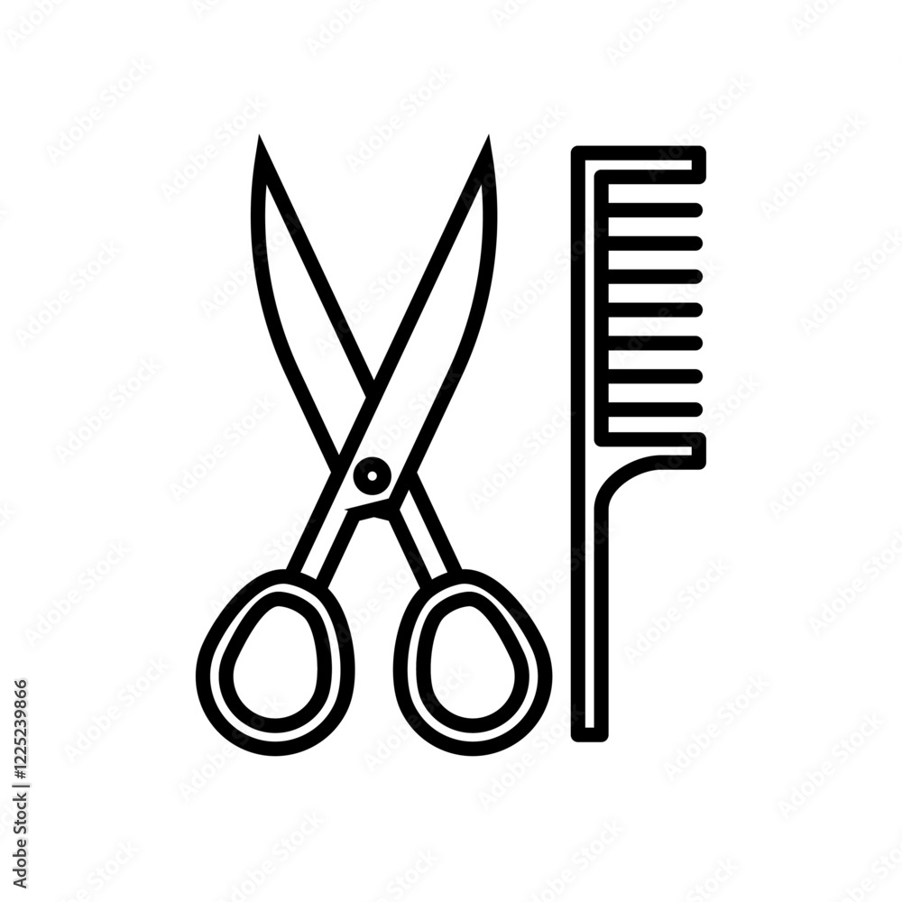 Poster comb and scissors icon flat vector set outline