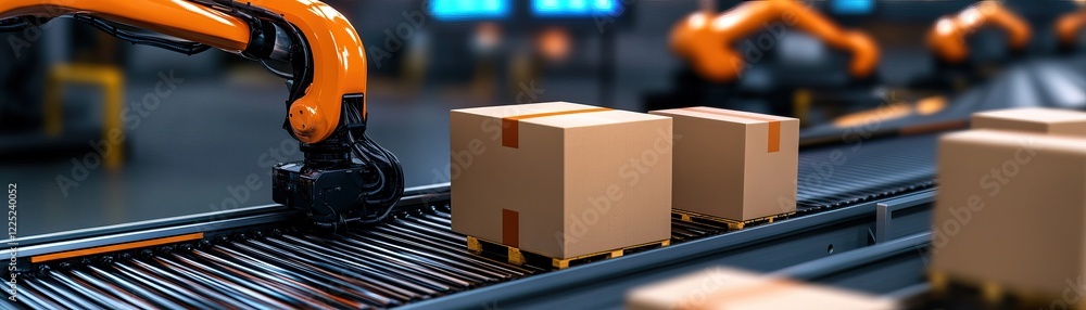 Poster a robotic arm sorts boxes on a conveyor belt in a modern warehouse, showcasing automated logistics a