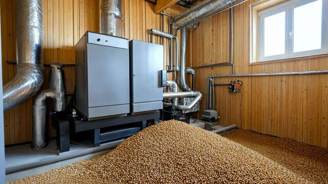 Interior of a modern heating system facility featuring a large pile of biomass pellets