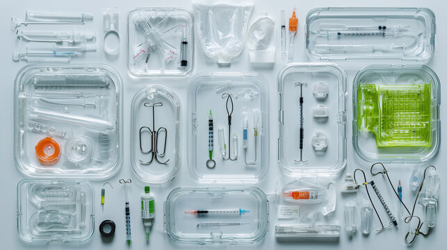 collection of medical sterilization trays filled with various instruments and syringes, showcasing sterile environment