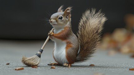 Obraz premium A squirrel holding a tiny broom styled as a janitor on a smooth neutral surface. digital