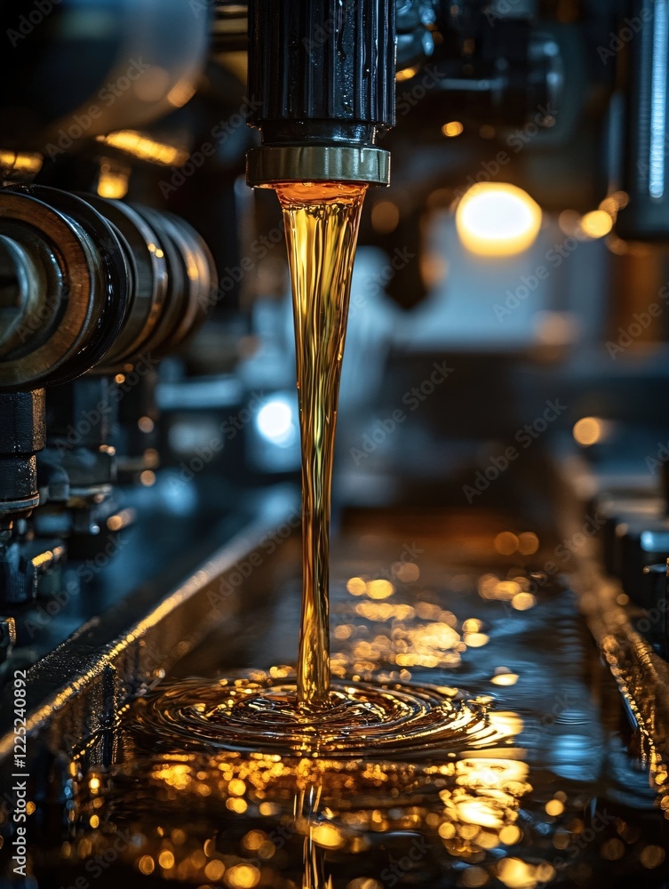 Poster golden liquid flowing from a metal nozzle into a pool with bokeh lights in a dark setting