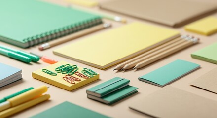 Colorful stationery collection featuring notebooks, pens, and paper clips