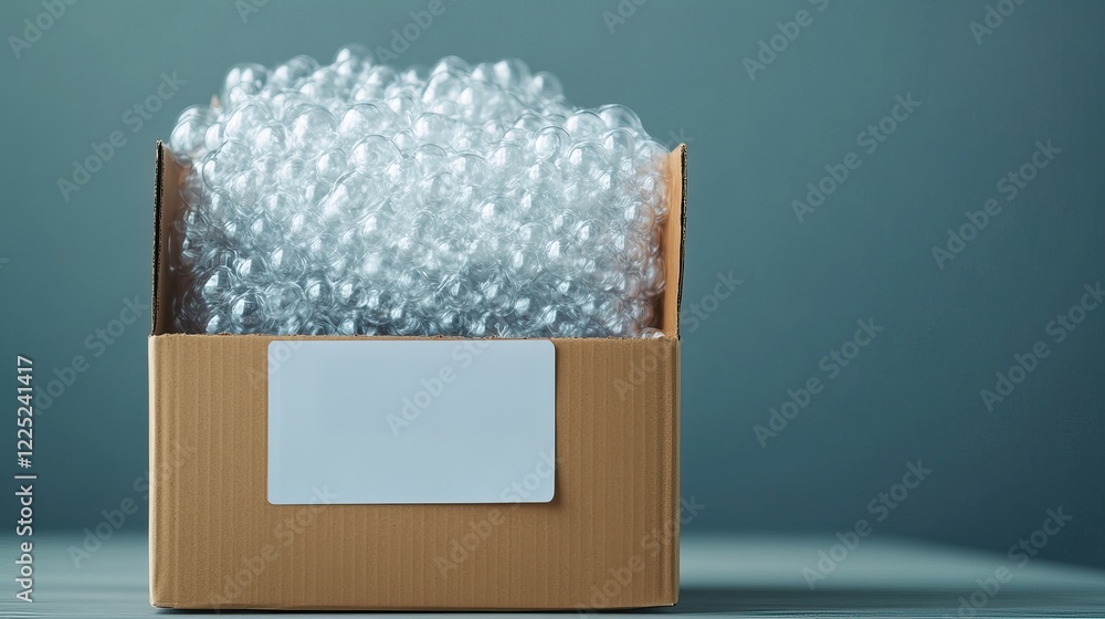 Poster a cardboard box filled with bubble wrap, ready for packing or shipping items safely.