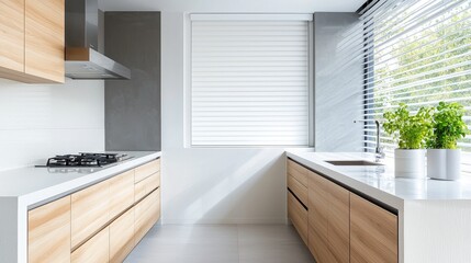 Modern kitchen with wooden cabinets, sunlight, and herbs