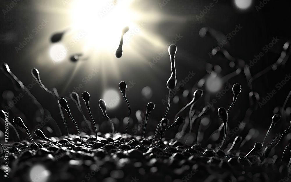 Aufkleber a dynamic, abstract black-and-white image depicting sperm-like forms rising towards a bright light s