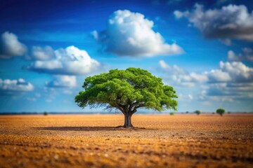 Fototapeta premium Tilt-shift reveals Yucatán's deforestation: a solitary tree amidst encroaching farms, highlighting Mexico's agricultural crisis.