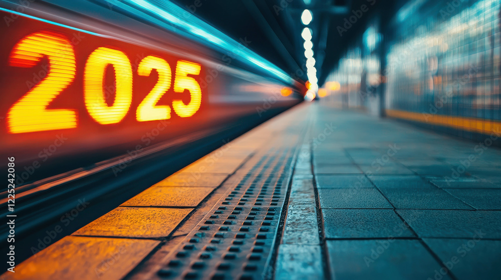 Poster dynamic motion capture of a train station sign displaying the year 2025 with blurred background