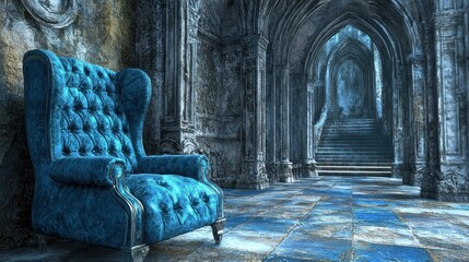 Fototapeta premium Blue velvet armchair in a gothic hall. Perfect for fantasy, mystery, or royalty themes.