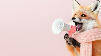 Obraz premium A vibrant fox wrapped in a cozy pink scarf enthusiastically holds a white megaphone against a soft pastel background. The fox’s lively expression conveys a sense of excitement and communication