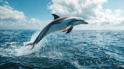 Fototapeta premium A playful dolphin leaps joyfully above calm ocean waters, showcasing its agility against a bright blue sky
