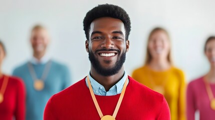 Smiling Man in Diverse Team Celebrating Volunteer Recognition with Badge or Certificate