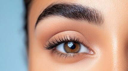 Naklejka premium Closeup of a woman s eye with elegant makeup and long lush eyelashes on a soft blue background