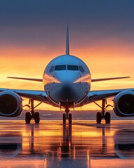 Fototapeta na wymiar Airplane on runway at sunset with vibrant orange and blue sky reflecting on wet surface