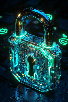 A glowing high-tech padlock representing advanced digital security, encryption, blockchain protection, and cybersecurity in the modern technological world.  