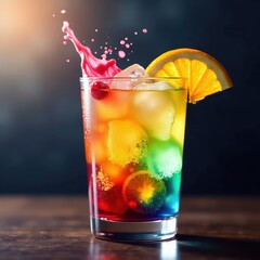Colorful cocktail, vibrant splashes, rocks glass, cocktail, celebration, strawberry